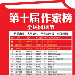 第十届作家榜昨发布 江南将上届"黑马"张嘉佳拉下马